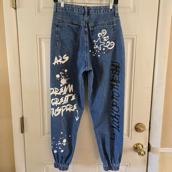 SONG Y2K Women Graffiti Denim Jogger Art Jeans Size 9 Graphic Grunge Punk Skater - Picture 2 of 6